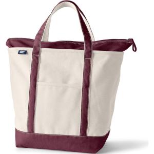Lands’ End Zip Top Canvas Tote Bag(Natural/Lush Burgundy)