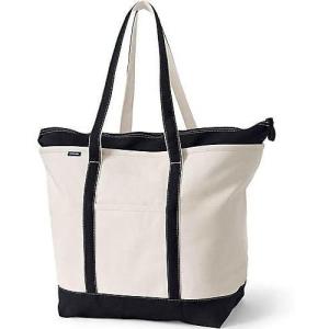 Lands’ End Zip Top Long Handle Canvas Tote Bag(Natural/Black)