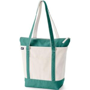 Lands’ End Zip Top Long Handle Canvas Tote Bag(Natural/Bright Spruce)