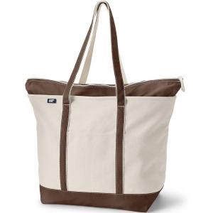 Lands’ End Zip Top Long Handle Canvas Tote Bag(Natural/Brown Root)