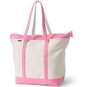 Lands’ End Zip Top Long Handle Canvas Tote Bag(Natural/Fresh Pink)