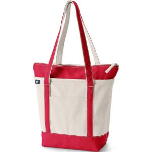 Lands’ End Zip Top Long Handle Canvas Tote Bag(Natural/Heritage Red)