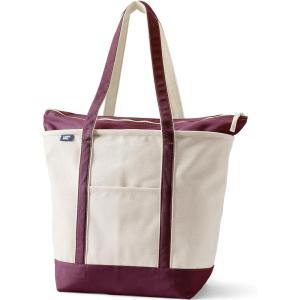 Lands’ End Zip Top Long Handle Canvas Tote Bag(Natural/Lush Burgundy)