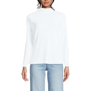 Women’s Drapey Rib Skimming Long Sleeve Mock Neck Shirt(Crisp White)