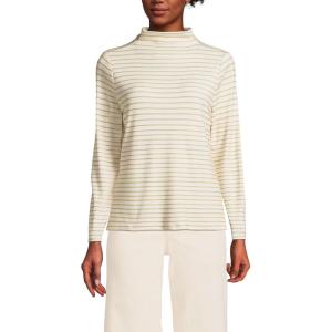 Women’s Drapey Rib Skimming Long Sleeve Mock Neck Shirt(Ivory/Champagne Stripe)