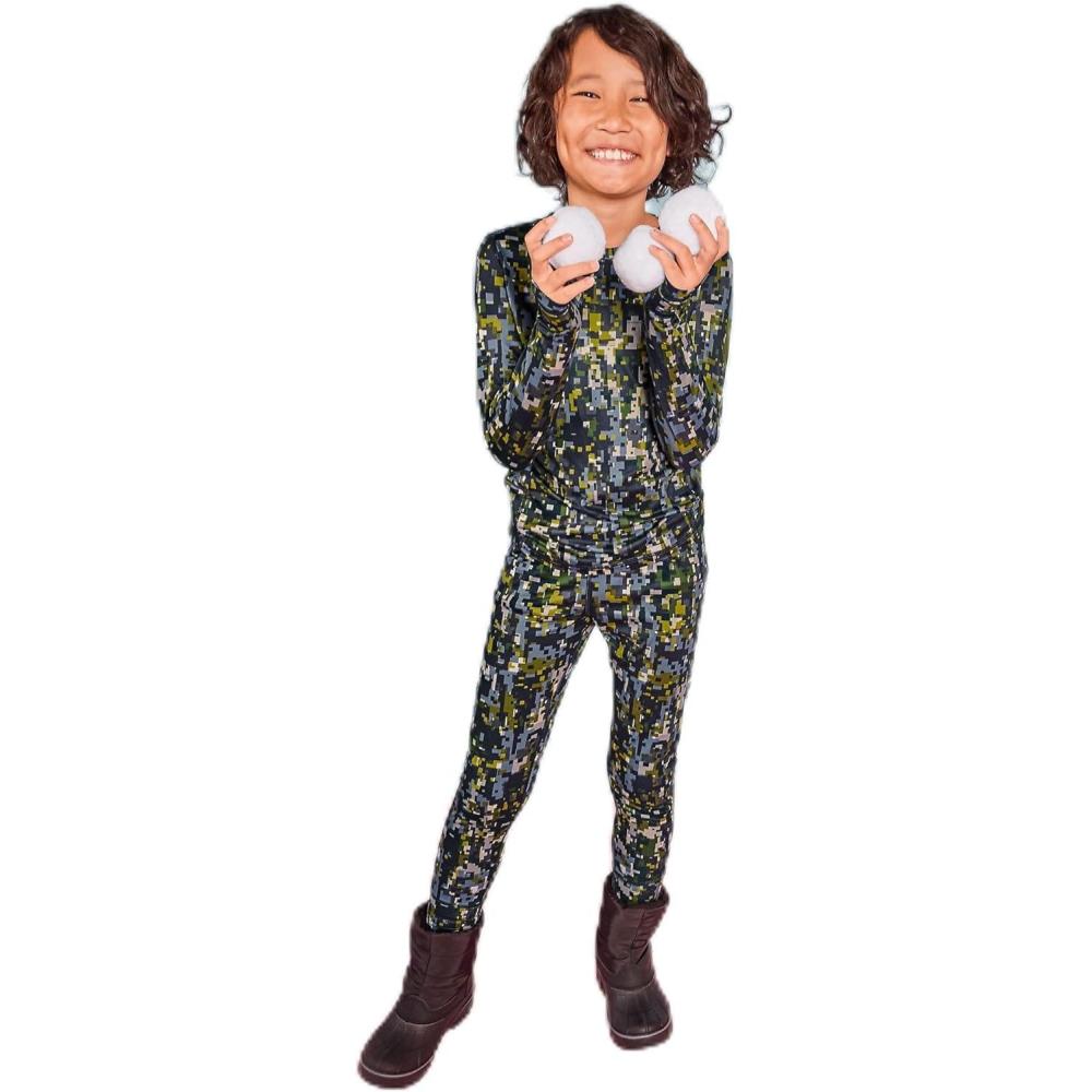 imageLands End Boys Thermal Base Layer Long Underwear Thermaskin Crew Neck ShirtGreen Citron Pixel Camo