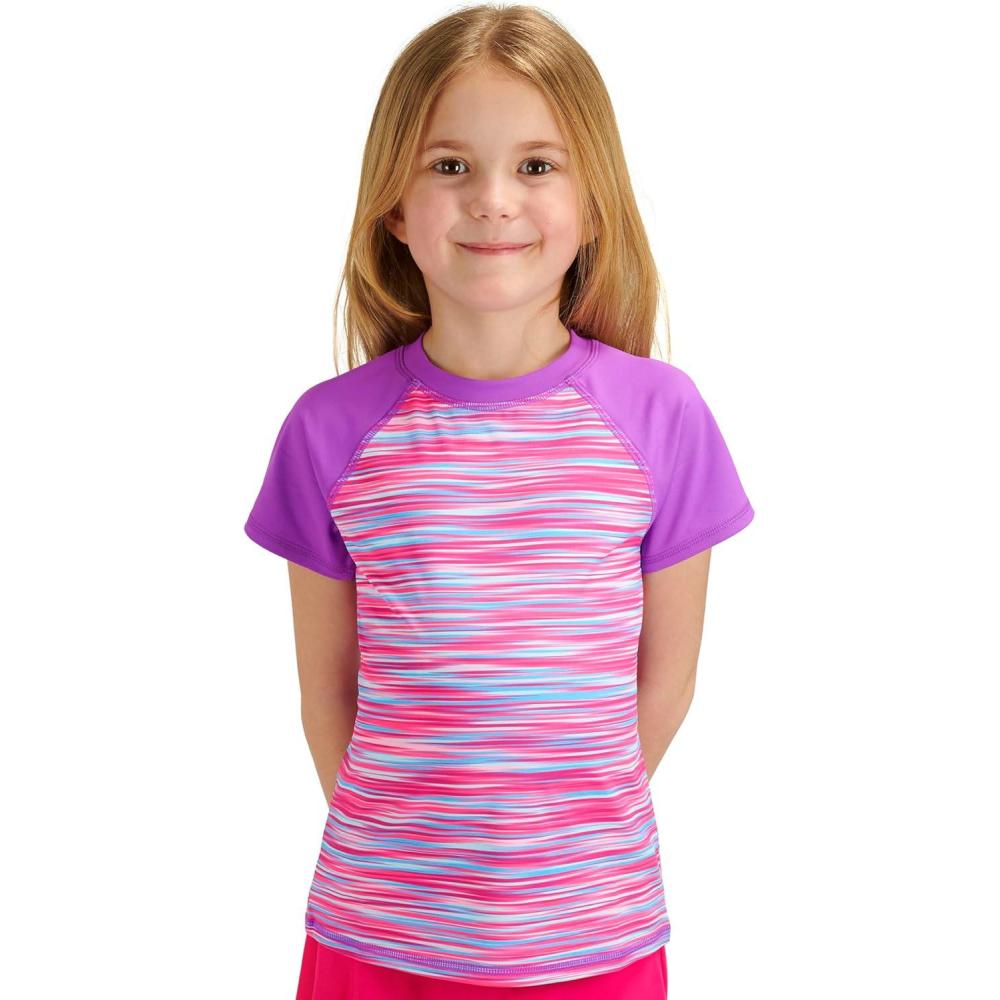 imageLands End Kids Boys and Girls Swimwear UPF 50 Short Sleeve Rash Guard Shirt XXSXLNeon Purple 2