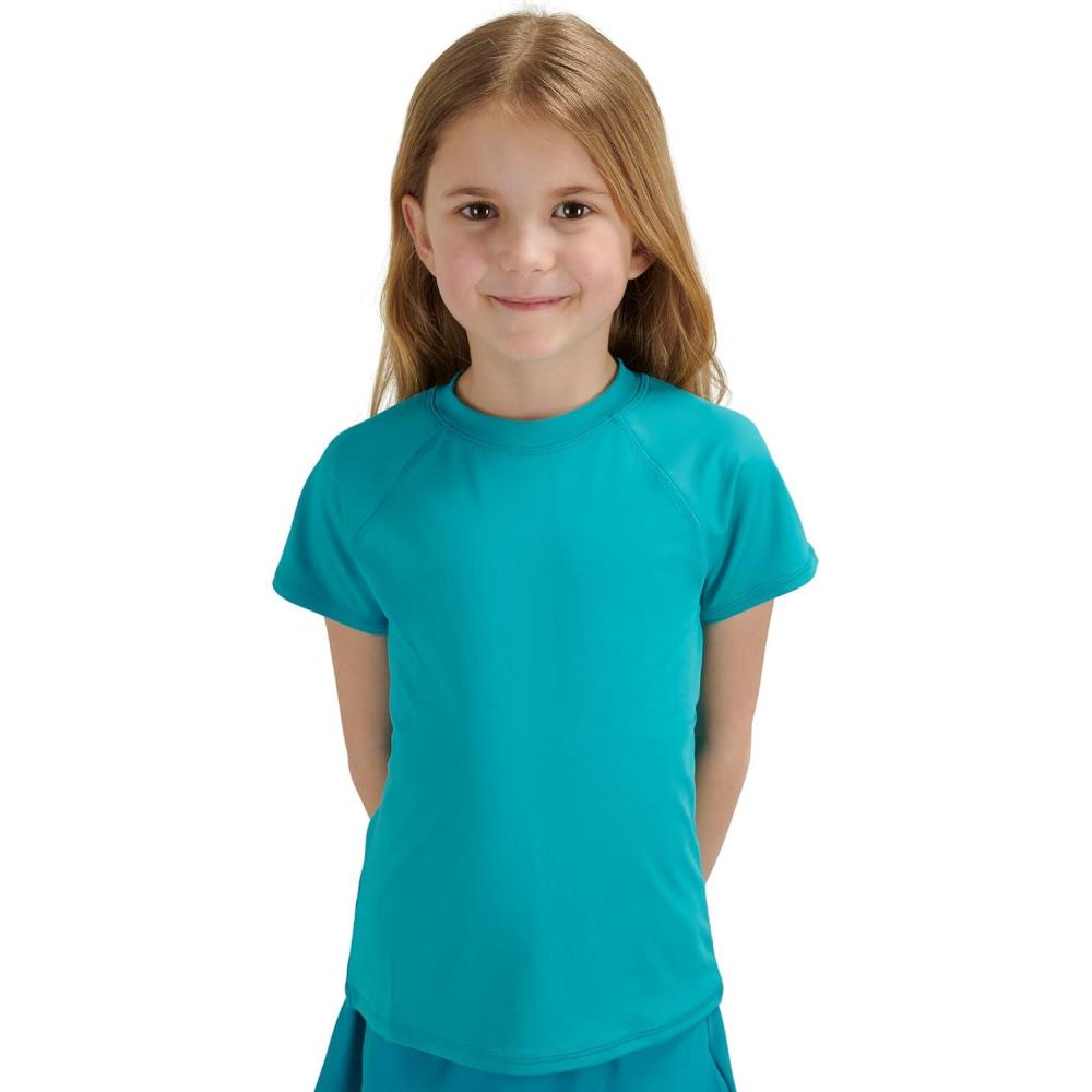 imageLands End Kids Boys and Girls Swimwear UPF 50 Short Sleeve Rash Guard Shirt XXSXLTile Blue