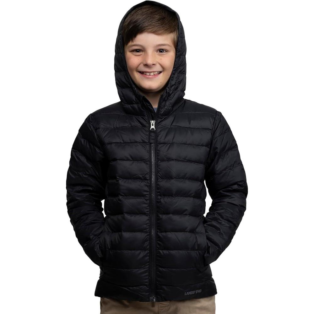 imageLands End Kids Packable Hooded Down Puffer Jacket Coat XXSXXLBlack