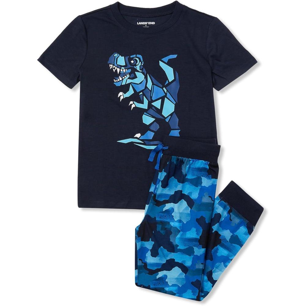 imageLands End Kids Short Sleeve Top and Jogger Bottom Pajama SetClassic Navy Dino Camo