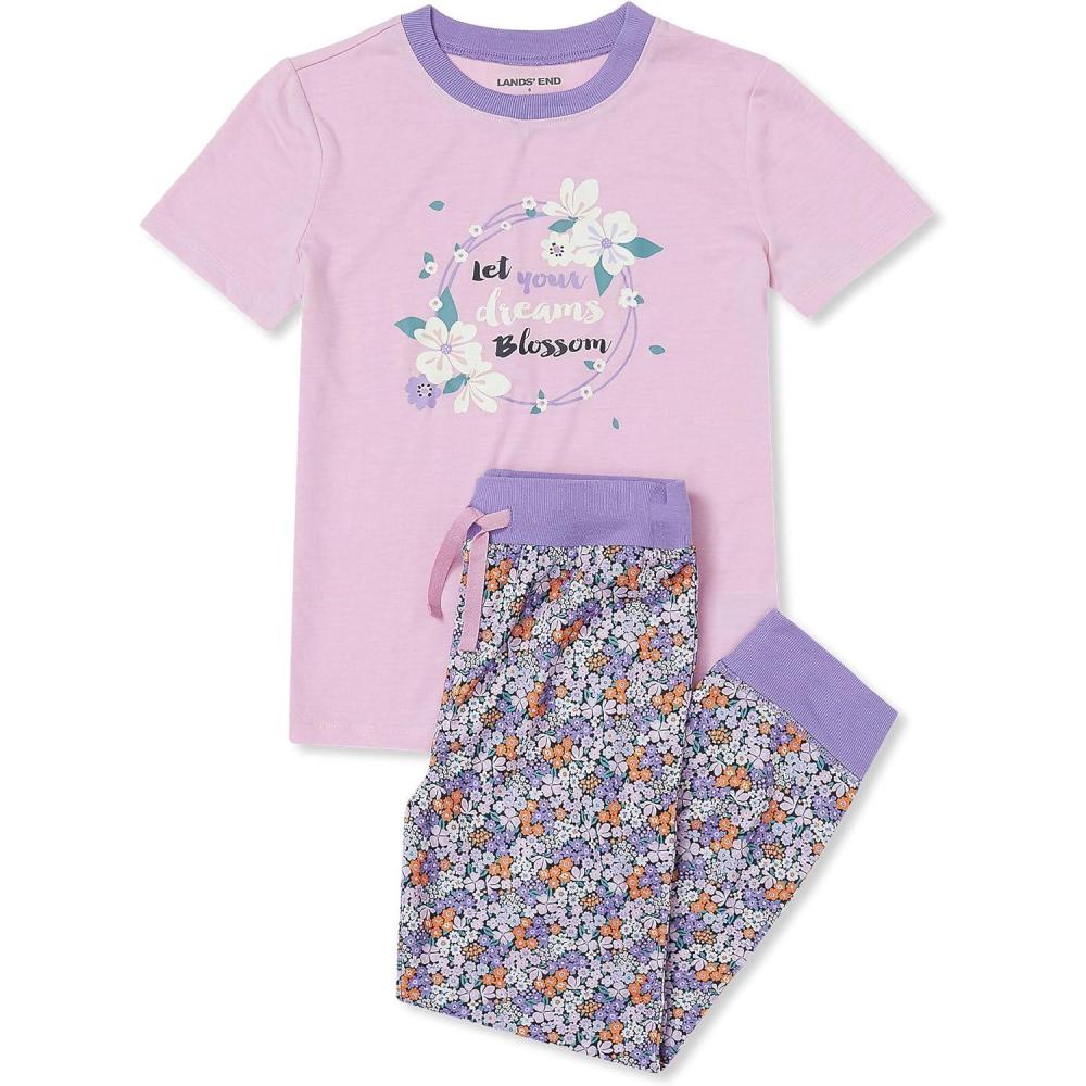 imageLands End Kids Short Sleeve Top and Jogger Bottom Pajama SetPurple Graze Ditsy Floral
