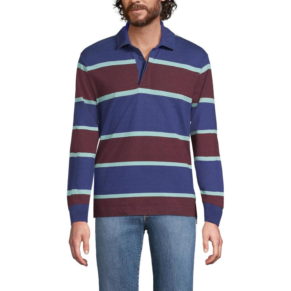 imageLands End Mens Long Sleeve RugbyDeep Sea NavyBurgundy Stripes