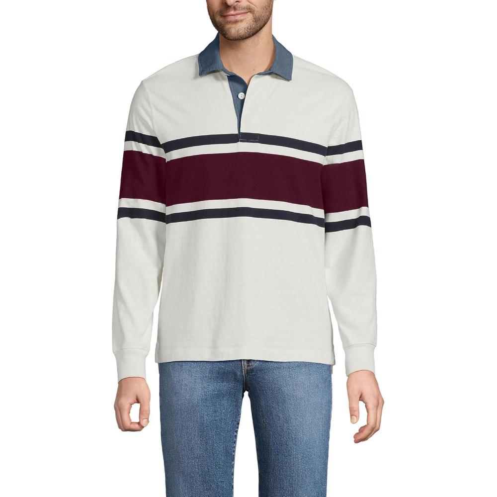 imageLands End Mens Long Sleeve RugbyIvoryRich Burgundy Stripe