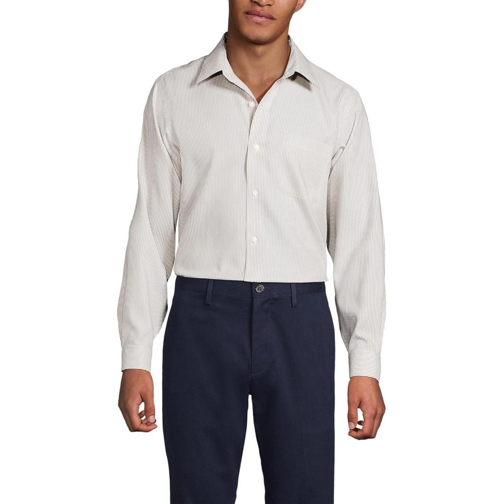 imageLands End Mens Solid No Iron AmericanGrown Supima Pinpoint Straight Collar Dress ShirtKhaki Narrow Stripes