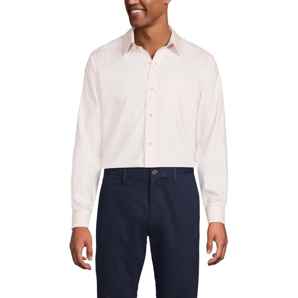 imageLands End Mens Solid No Iron AmericanGrown Supima Pinpoint Straight Collar Dress ShirtTinted Peach Windowpanes