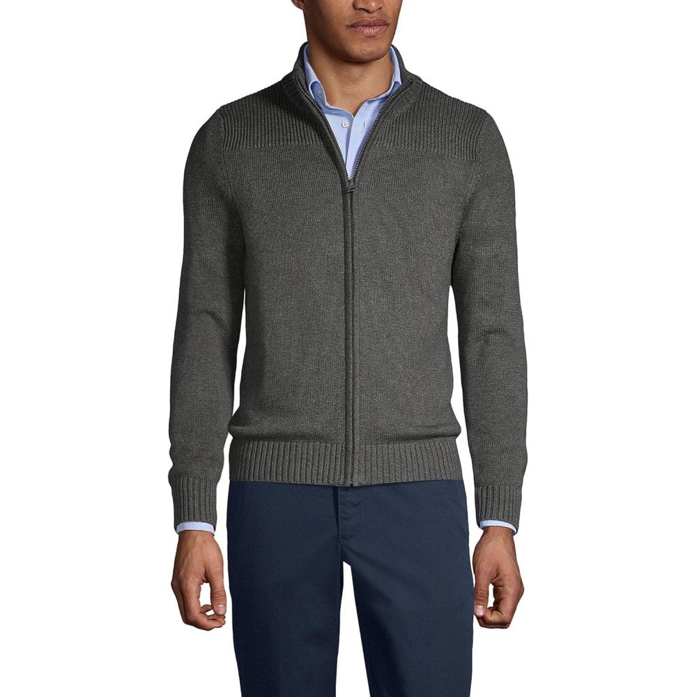 imageLands End School Uniform Mens Cotton Modal Zip Front Cardigan SweaterCoal Heather