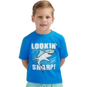 Lands’ End Kids Boys and Girls Swimwear UPF 50 Short Sleeve Rash Guard Shirt (XXS-XL)(Neon Blue)