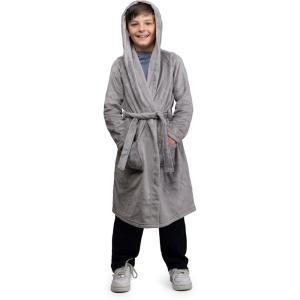 Lands’ End Kids Hooded Fleece Solid Robe(Grey)