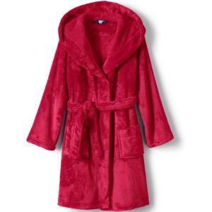 Lands’ End Kids Hooded Fleece Solid Robe(Red)