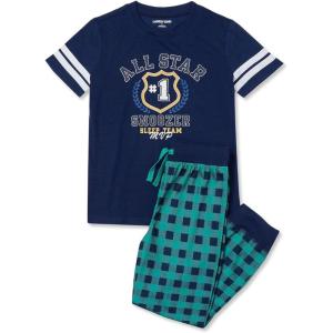 Lands’ End Kids Short Sleeve Top and Jogger Bottom Pajama Set(Navy All Star Plaid)