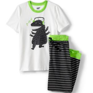 Lands’ End Kids Short Sleeve Top and Jogger Bottom Pajama Set(Oatmeal Dino Stripes)