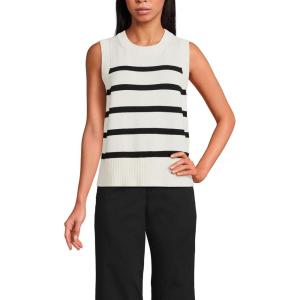 Lands’ End Women’s Drifter Cotton Easy Crew Neck Vest Sweater(Ivory/Black Breton Stripe)
