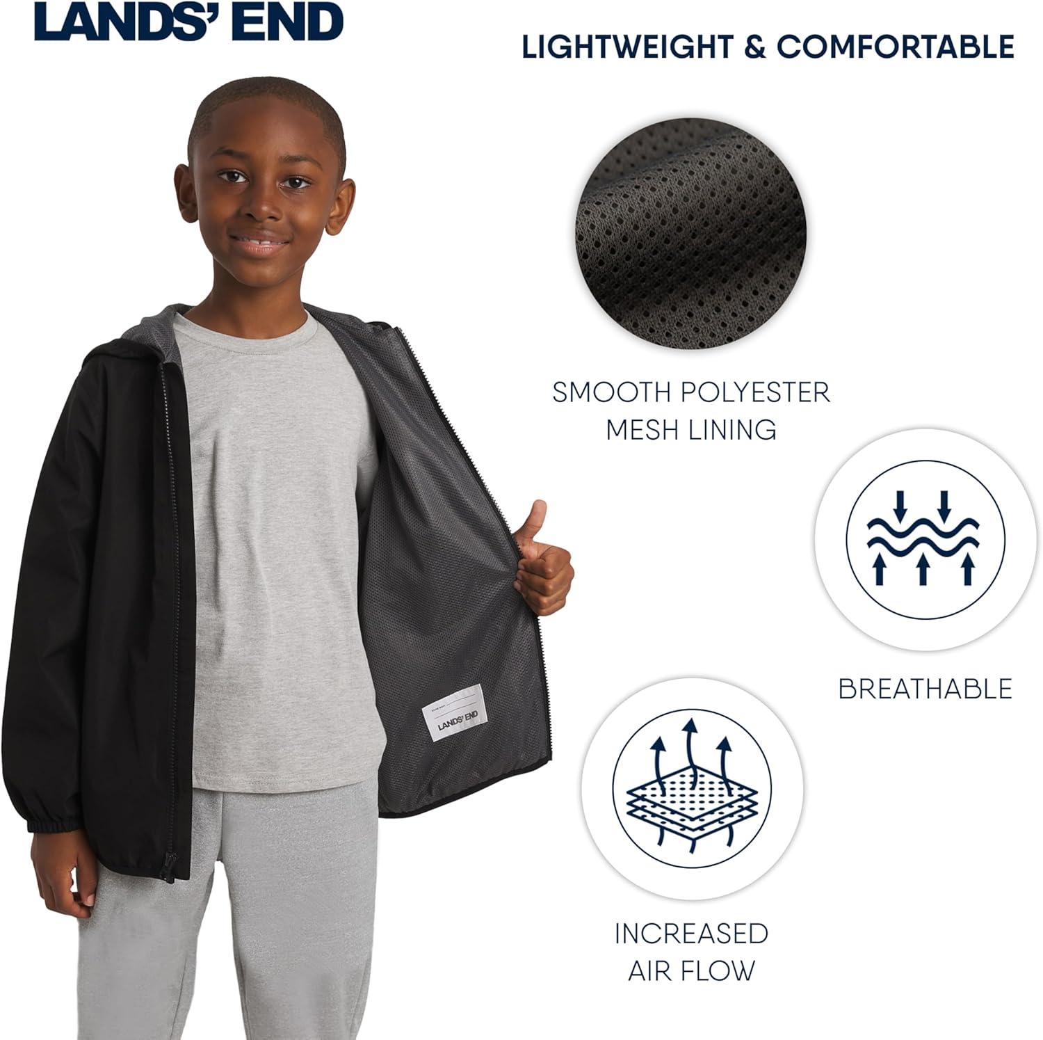 imageLands End Unisex Kids Lightweight Mesh Lined Weather Resistant Packable Rain JacketBlack