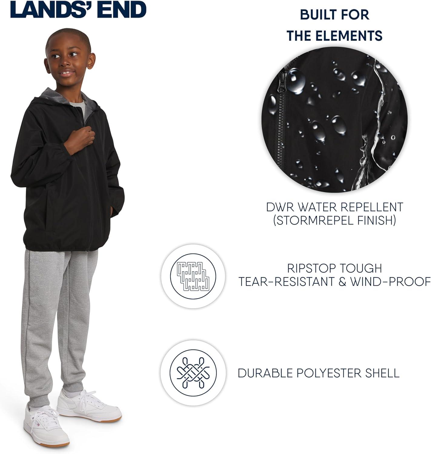 imageLands End Unisex Kids Lightweight Mesh Lined Weather Resistant Packable Rain JacketBlack