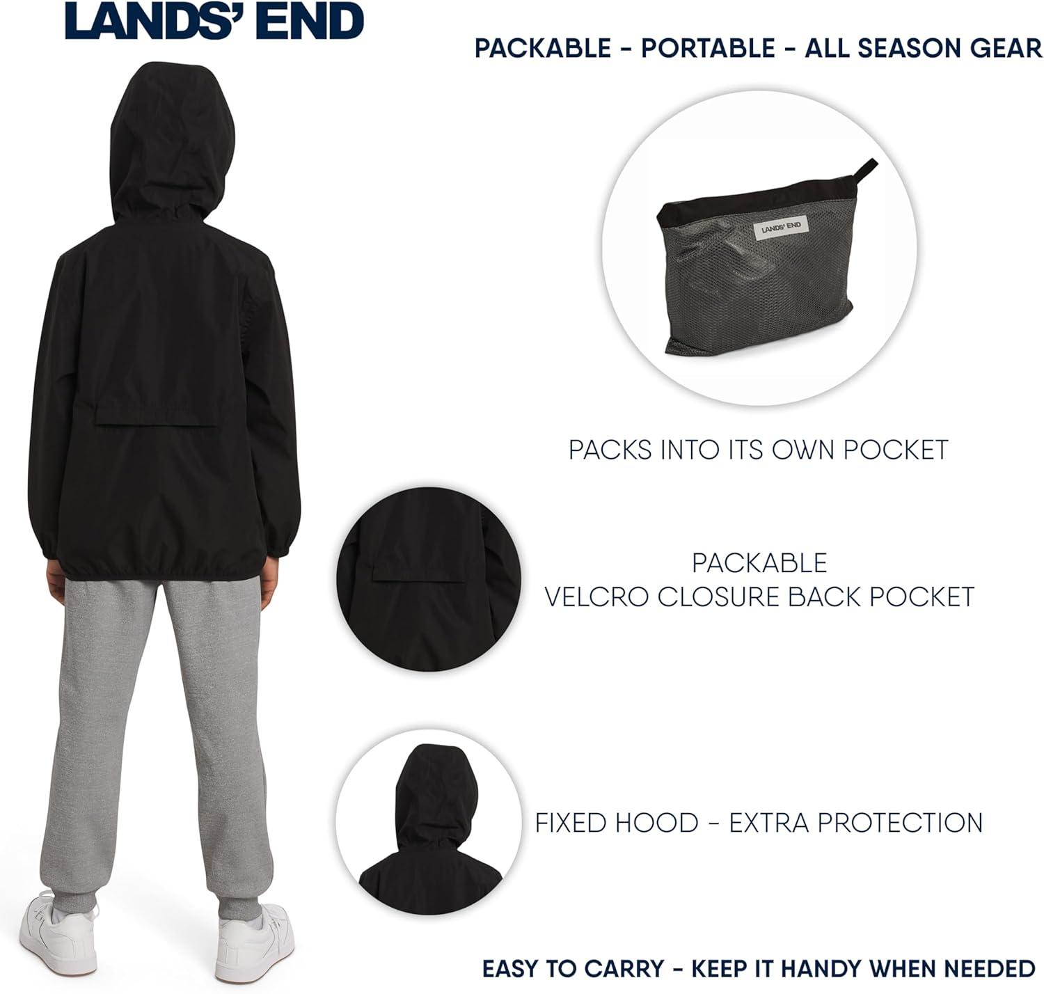 imageLands End Unisex Kids Lightweight Mesh Lined Weather Resistant Packable Rain JacketBlack
