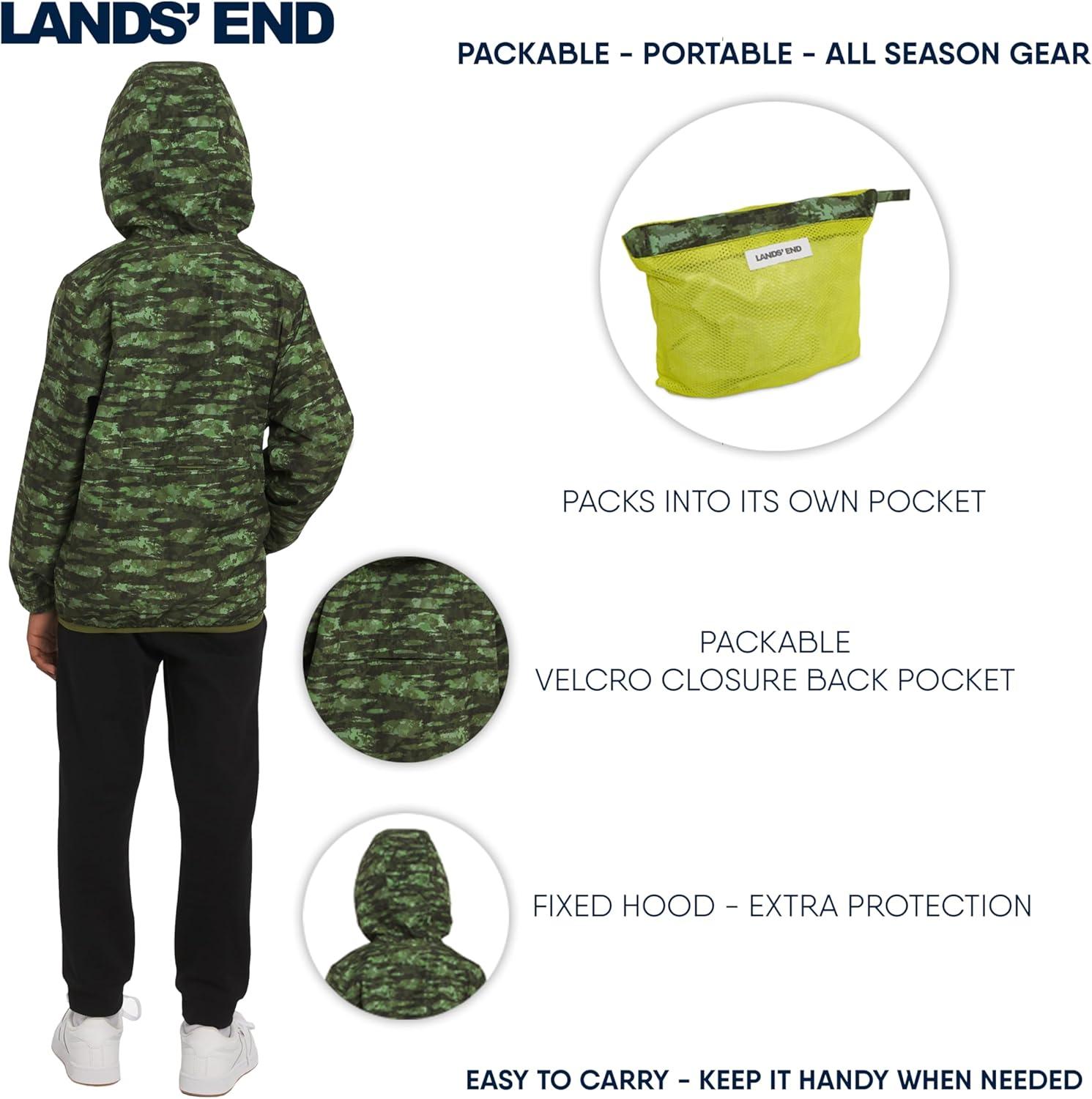 imageLands End Unisex Kids Lightweight Mesh Lined Weather Resistant Packable Rain JacketGreen Camo