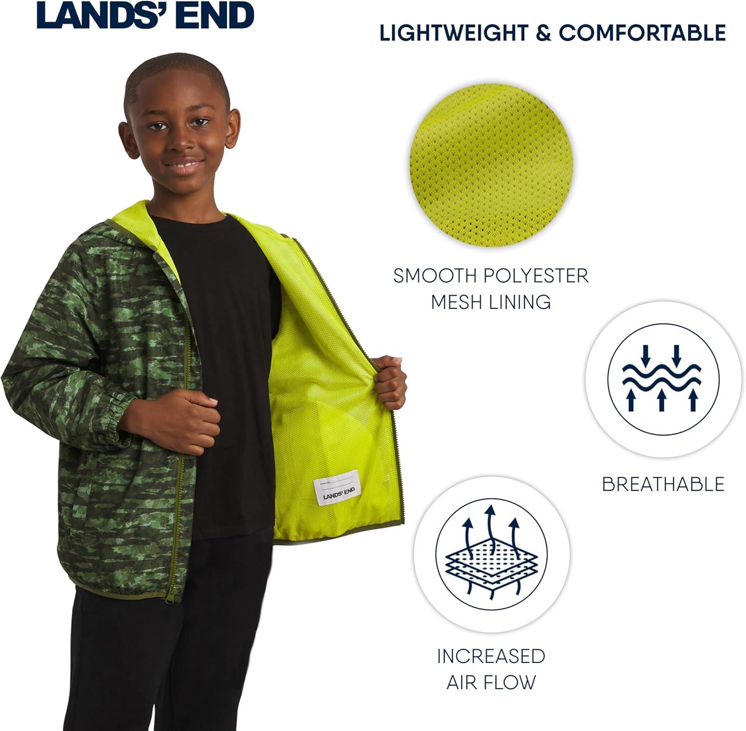 imageLands End Unisex Kids Lightweight Mesh Lined Weather Resistant Packable Rain JacketGreen Camo