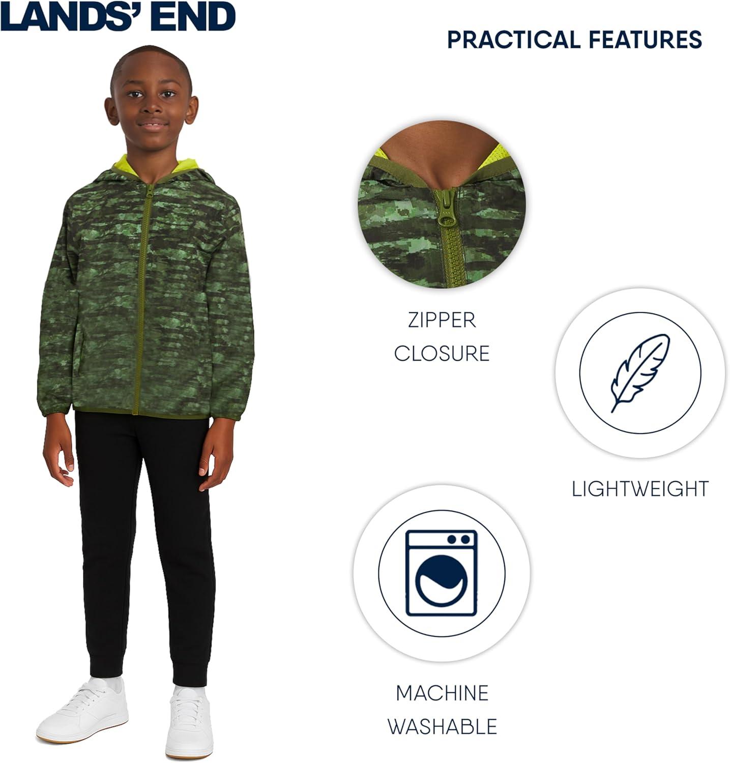 imageLands End Unisex Kids Lightweight Mesh Lined Weather Resistant Packable Rain JacketGreen Camo