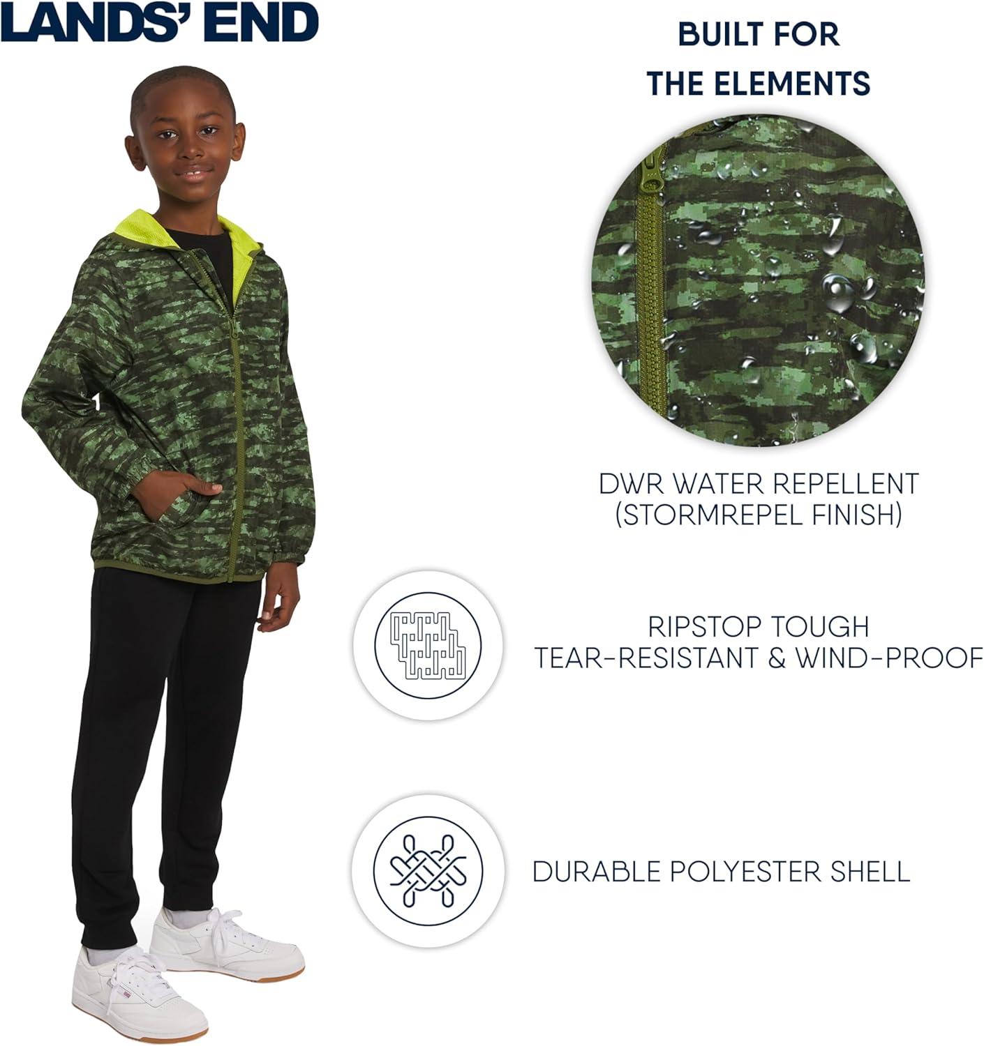 imageLands End Unisex Kids Lightweight Mesh Lined Weather Resistant Packable Rain JacketGreen Camo