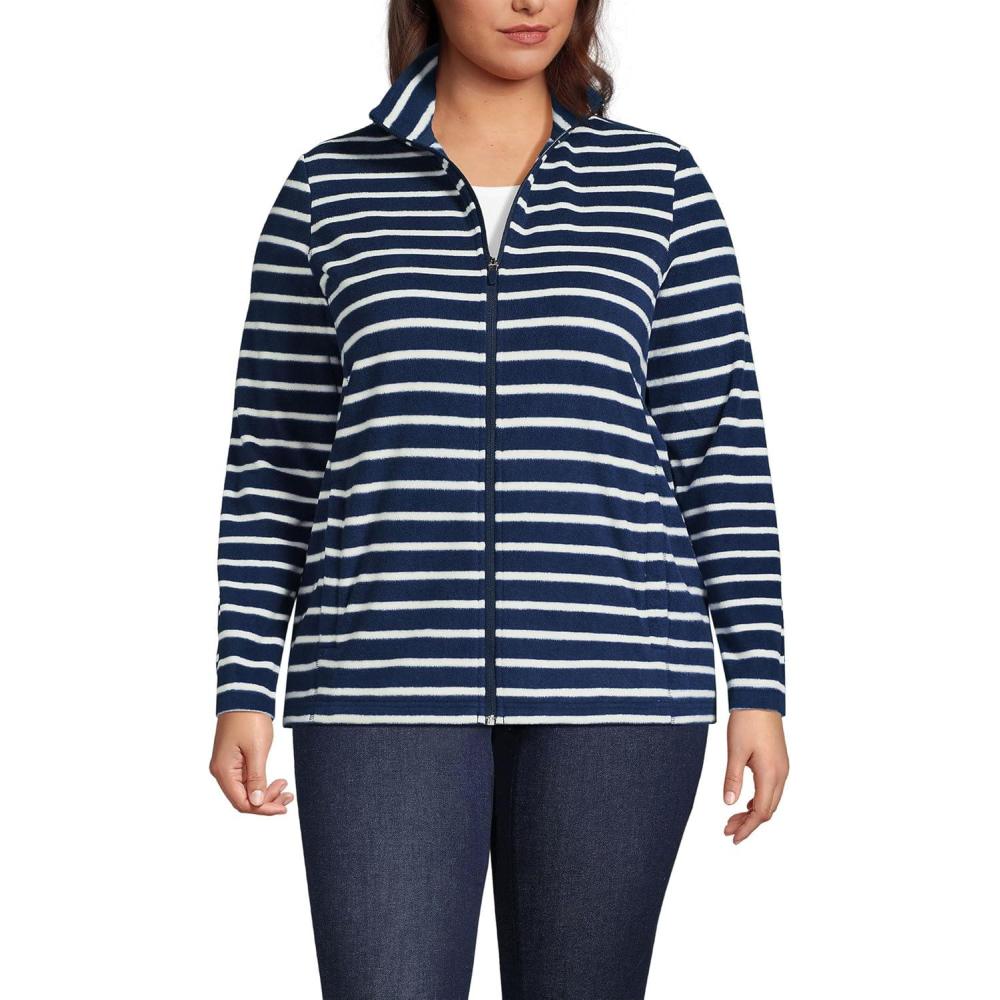 imageLands End Anyweather Fleece Full Zip JacketDeep Sea NavyIvory Stripe