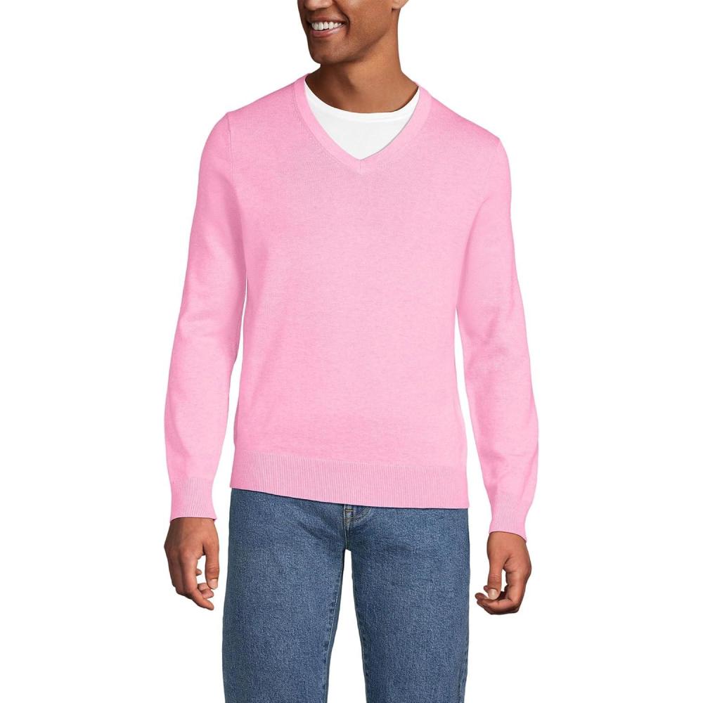 imageLands End Mens Fine Gauge Cotton V Neck SweaterFresh Carnation Heather