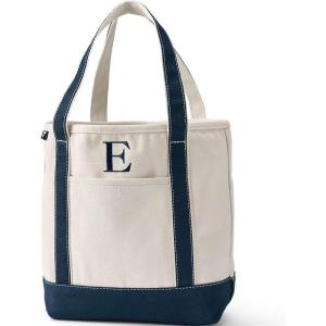 Lands’ End Pre-Monogrammed Letter Canvas Tote Bag(E – Natural/Navy)
