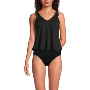 Lands’ End Women’s D-Cup Chlorine Resistant V-Neck Shoulder Tie Flutter Tankini Swimsuit Top(Black)