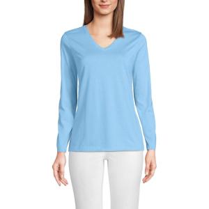Lands’ End Women’s Relaxed American-Grown Supima Cotton Long Sleeve V-Neck T-Shirt(Bermuda Blue)