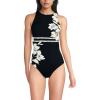 Lands’ End Women’s Tugless High Neck Portrait Back One Piece Swimsuit(Black Floral Stripe Placement)