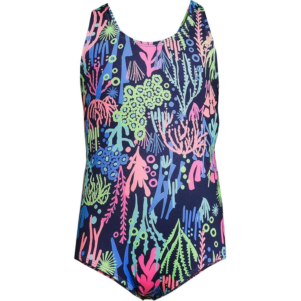 imageLands End Girls One Piece UPF 50 Tugless Swimsuit 16 Deep Sea Navy Multi Coral
