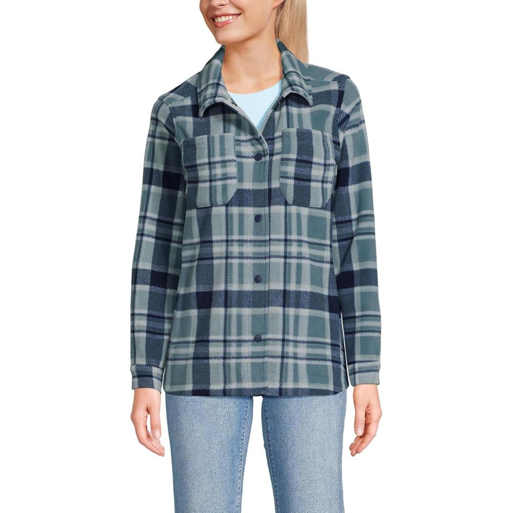 imageLands End Womens Anyweather Fleece Shirt JacketSoft Ice BlueNavy Plaid