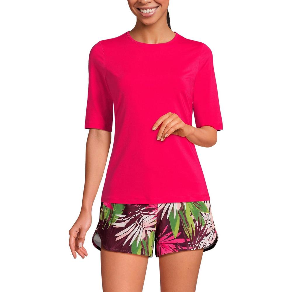 imageLands End Womens Sunshade UPF 50 Elbow Sleeve Rash Guard Swim TeeCoral Ruby