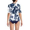 Lands’ End Women’s Sunshade UPF 50 Elbow Sleeve Rash Guard Swim Tee(White/Navy Lilies Placement)