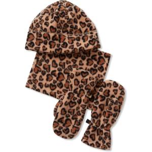 Lands’ End Kids Cozy Fleece Hat-Scarf-Gloves Set(Tan Cheetah Hearts)