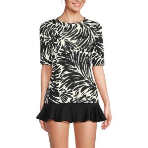 Lands’ End Women’s Sunshade UPF 50 Elbow Sleeve Rash Guard Swim Tee(Black/Egret White Leaf Scroll)