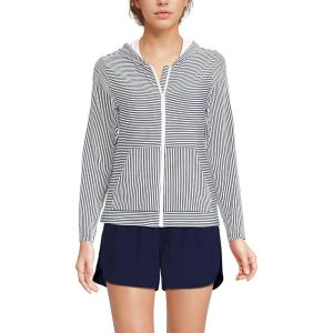 Lands’ End Women’s Sunshade UPF 50 Hooded Zip Front Rash Guard(Deep Sea Navy Mini Stripe)