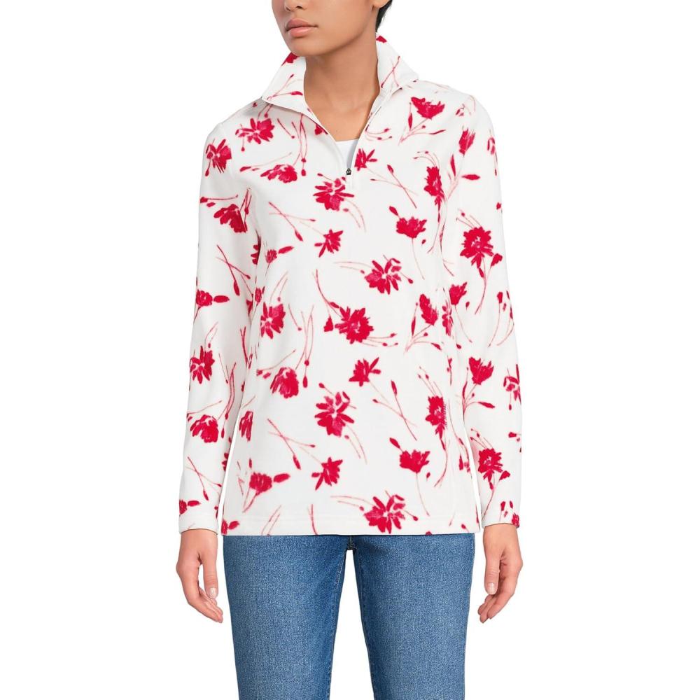 imageLands End Anyweather Fleece Quarter Zip PulloverIvoryRed Tossed Floral