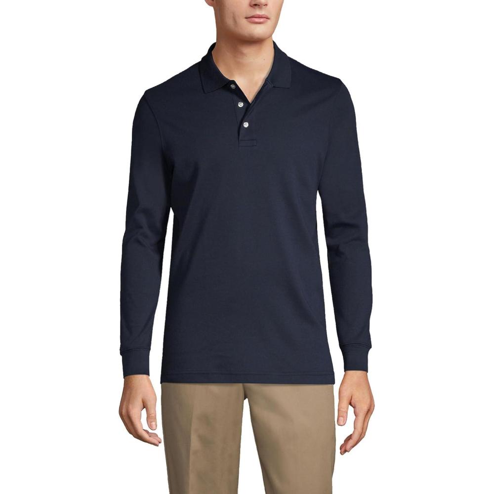 imageLands End School Uniform Mens Long Sleeve Interlock Polo ShirtClassic Navy