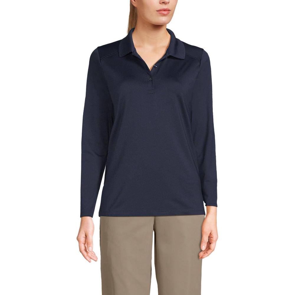 imageLands End School Uniform Womens Long Sleeve Feminine Fit Rapid Dry Polo ShirtClassic Navy