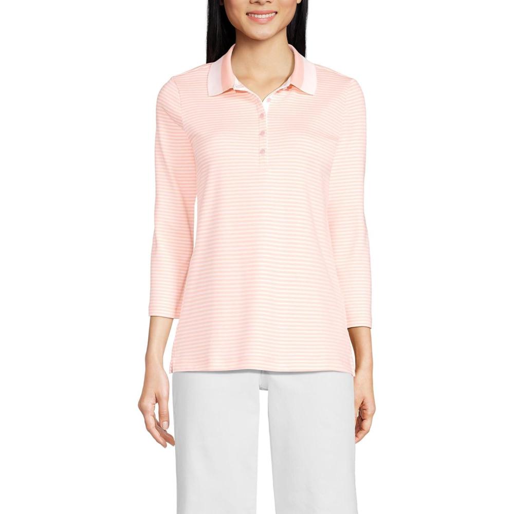 imageLands End Womens 34 Sleeve AmericanGrown Supima Cotton Polo ShirtCrisp Peach StripeTipped